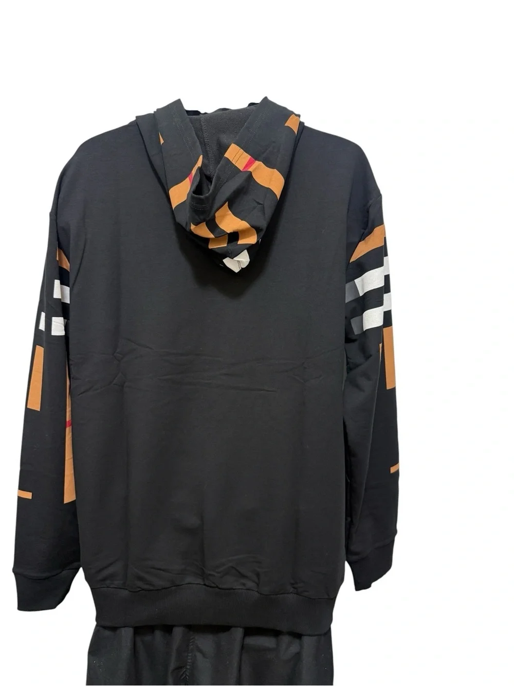 LAVERITA Black Hoodie with Geometric Tan, White & Red Block Pattern. new. large